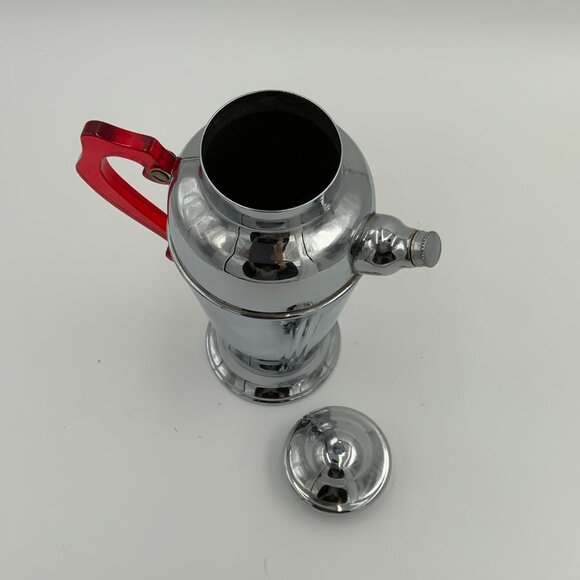Vintage Art Deco Chrome Cocktail Shaker Mixer Red Bakelite Handle 12" Barware - Picture 9 of 14
